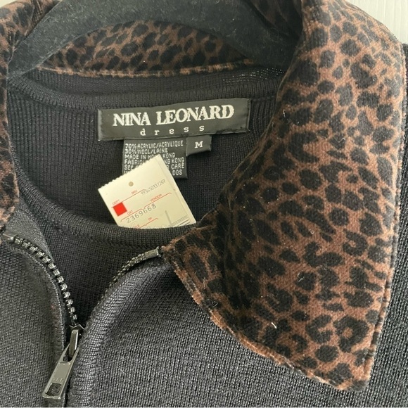 NWT Nina Leonard Black Sweater Jacket Dress Long Sleeves Leopard Collar Size M - Picture 9 of 10